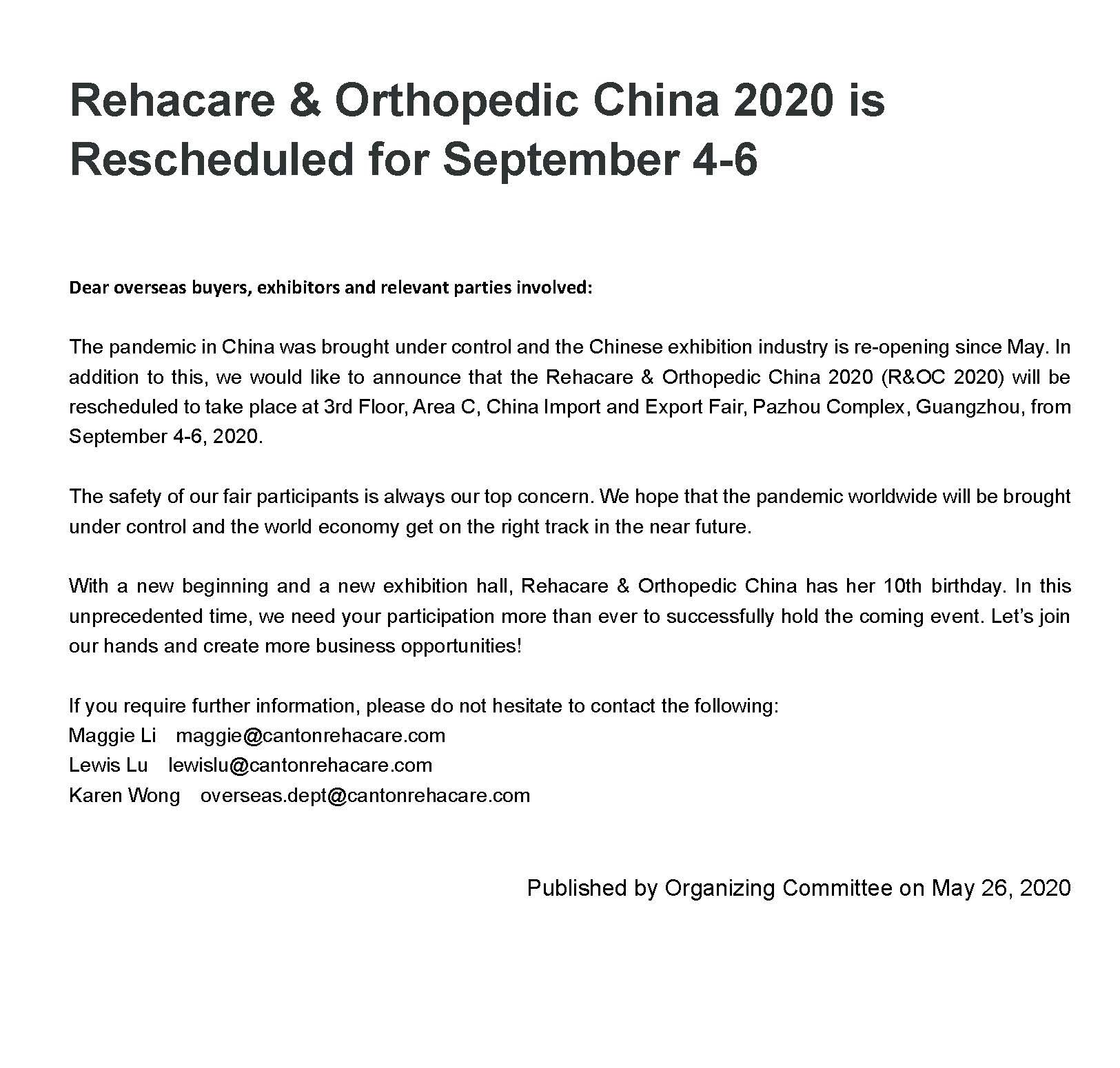 Rehacare & Orthopedic China 2020 is Rescheduled for September 4-6